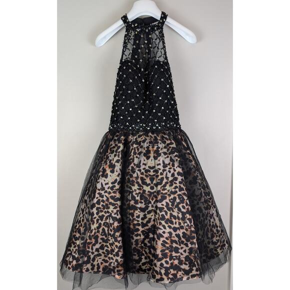 Rachel Allan 4072 Animal Print Beaded Halter Cocktail Prom Dress Tulle Black 8 - Picture 3 of 16
